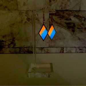 Glow-in-the-Dark Resin Earrings. Golden Diamond Shape. Blue Orange Sunset